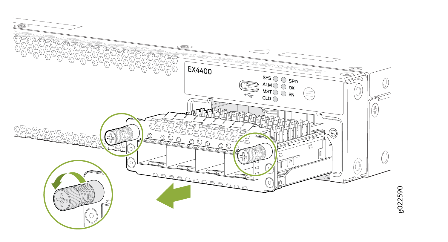 Installing or removing a module from a Juniper EX4400 switch with green arrows showing screw rotation and module movement.