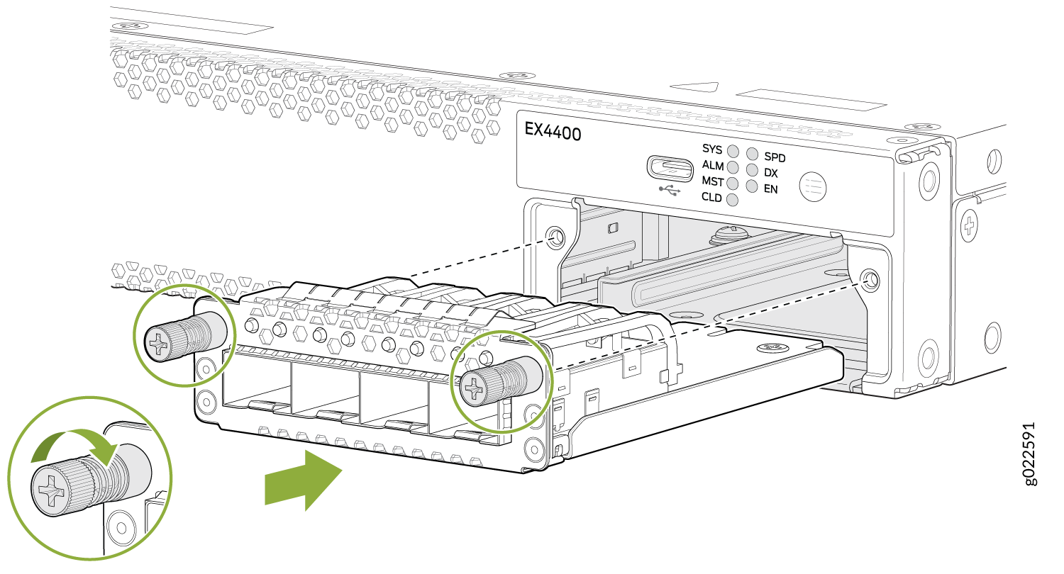 Installing or removing a fan module from a Juniper EX4400 switch; screws highlighted in green, arrow shows module movement direction.