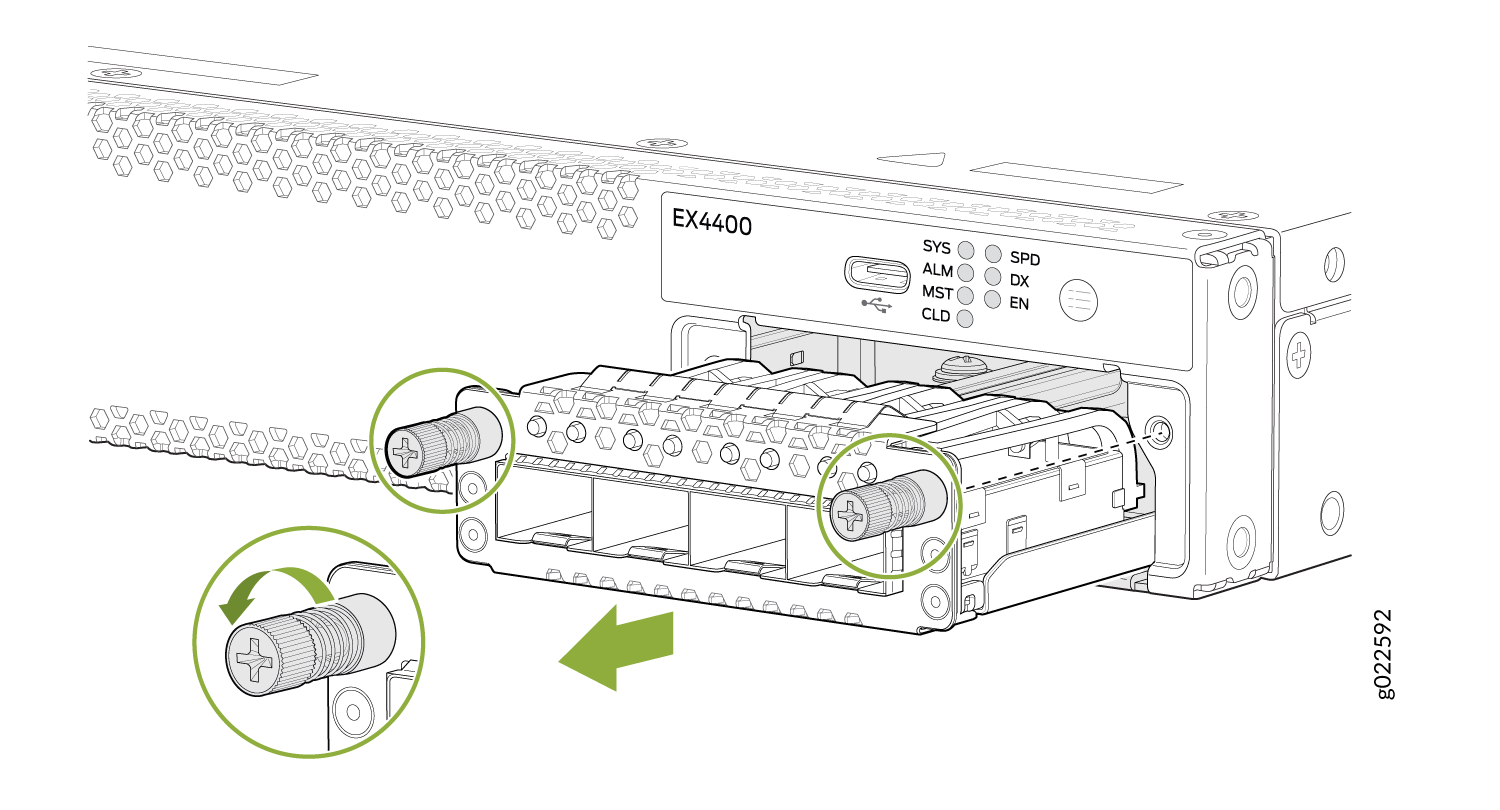 Module installation on EX4400 network switch with green arrows showing screw direction for securing or releasing the transceiver.