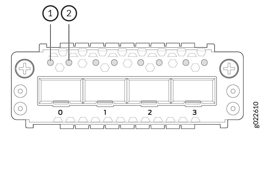 Technical diagram of a connector with numbered labels for sections and features. Hexagonal shapes indicate pin locations, plus symbols suggest mounting screws.