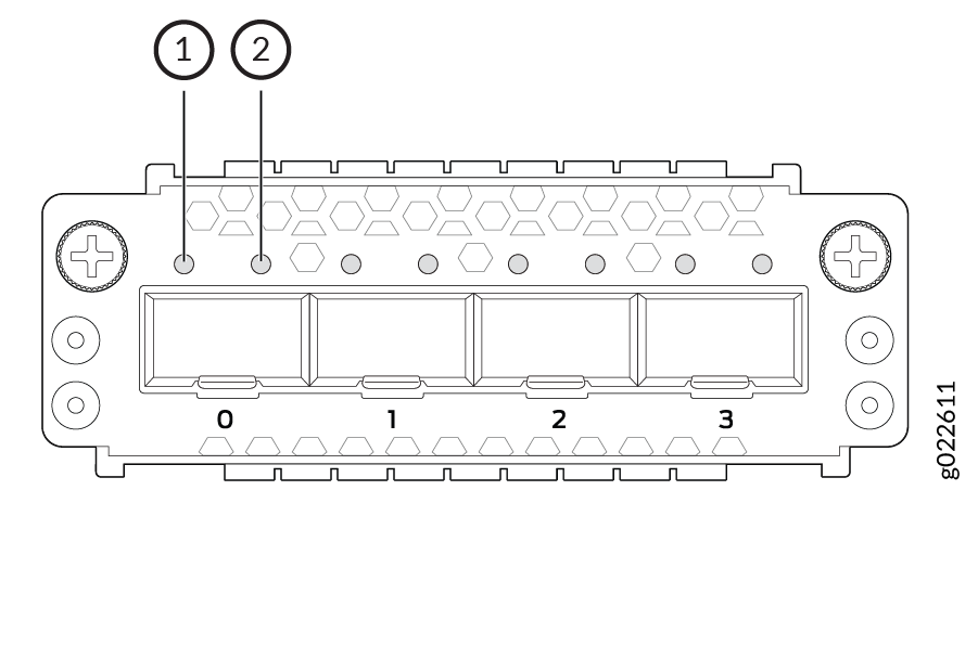 Technical diagram of a rectangular connector with four labeled sections 0 to 3, two numbered points 1 and 2, hexagonal patterns, and screw holes.