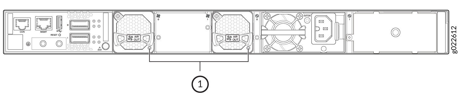 Rear view of a network device with console and management ports, reset and USB port, cooling fans labeled AIR OUT, power input, and empty expansion slots.