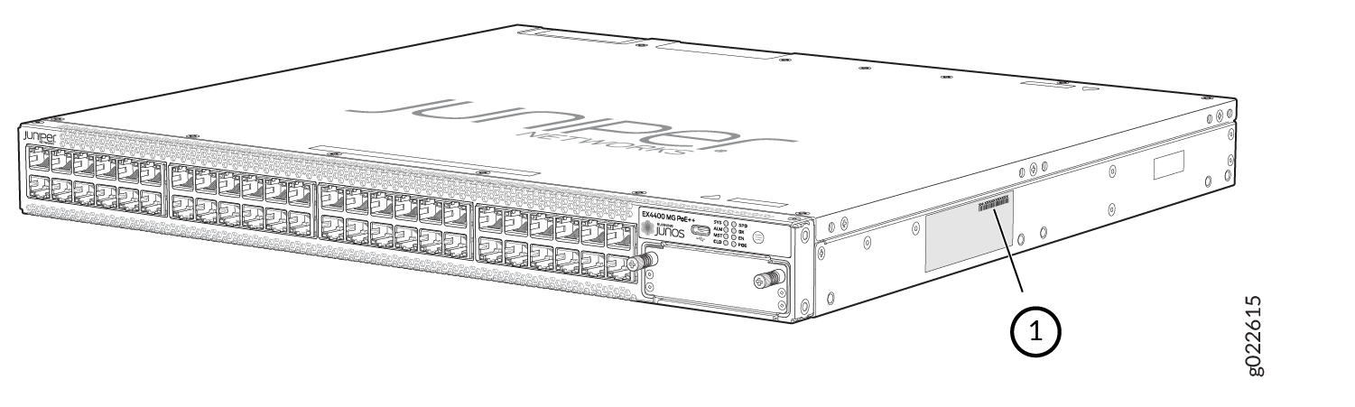 Juniper Networks EX4400 Ethernet switch; front panel with Ethernet ports; labeled features EX4400 MGPe+ and Junos; numbered component for reference.
