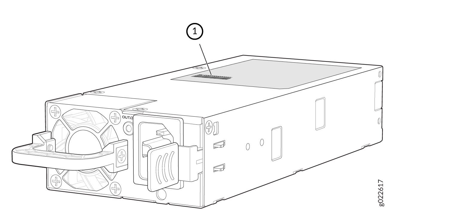 Technical drawing of a power supply unit with cooling fan, output connector, handle for easy removal, and label area marked as 1.
