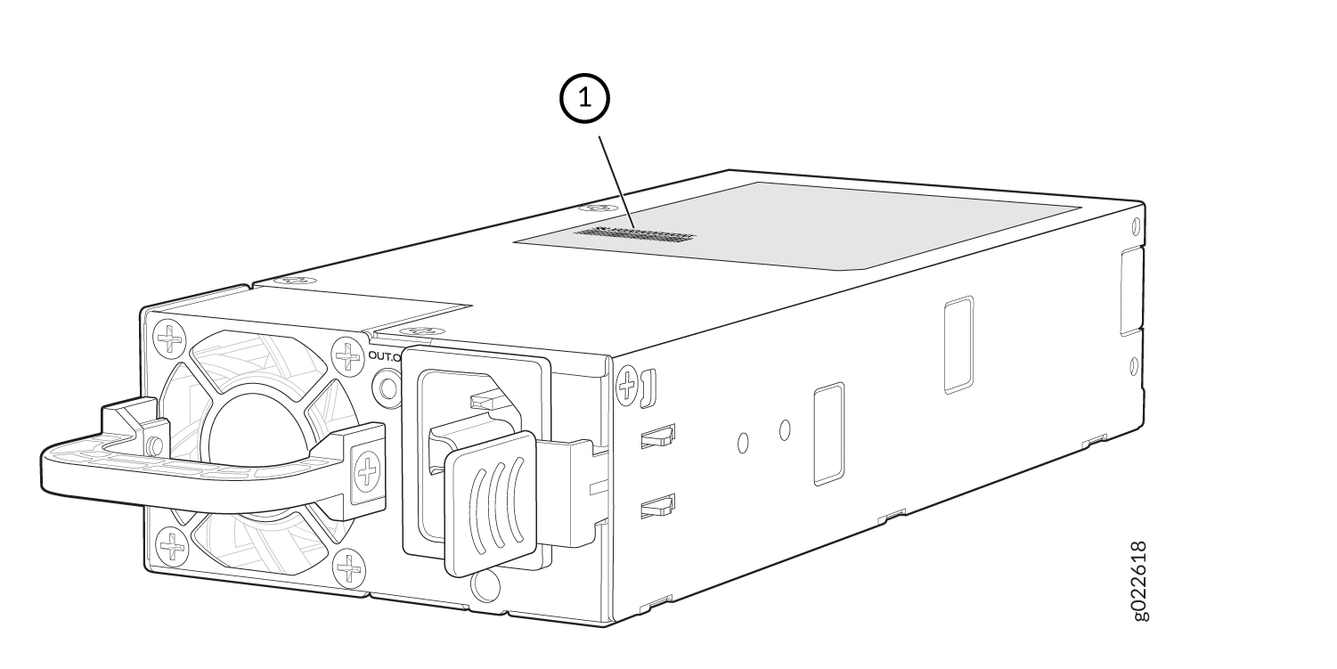 Technical illustration of a server power supply unit with cooling fan, handle for removal, and power connectors.