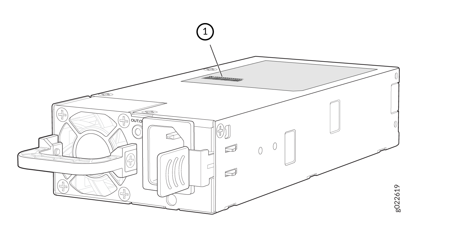 Technical illustration of a server power supply unit with a cooling fan, handle, and power connectors.