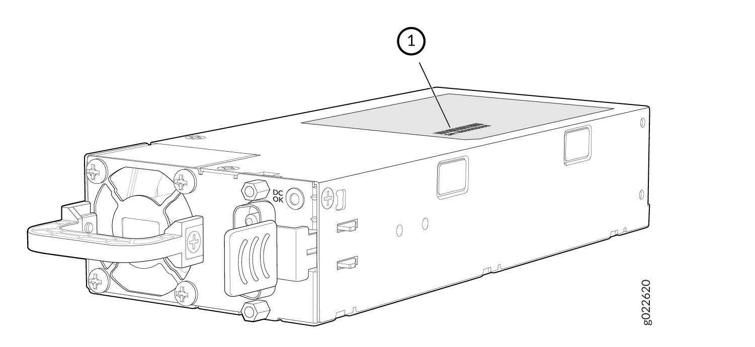 Line drawing of a server power supply unit with cooling fan, handle, connectors, indicators, and label marked 1.