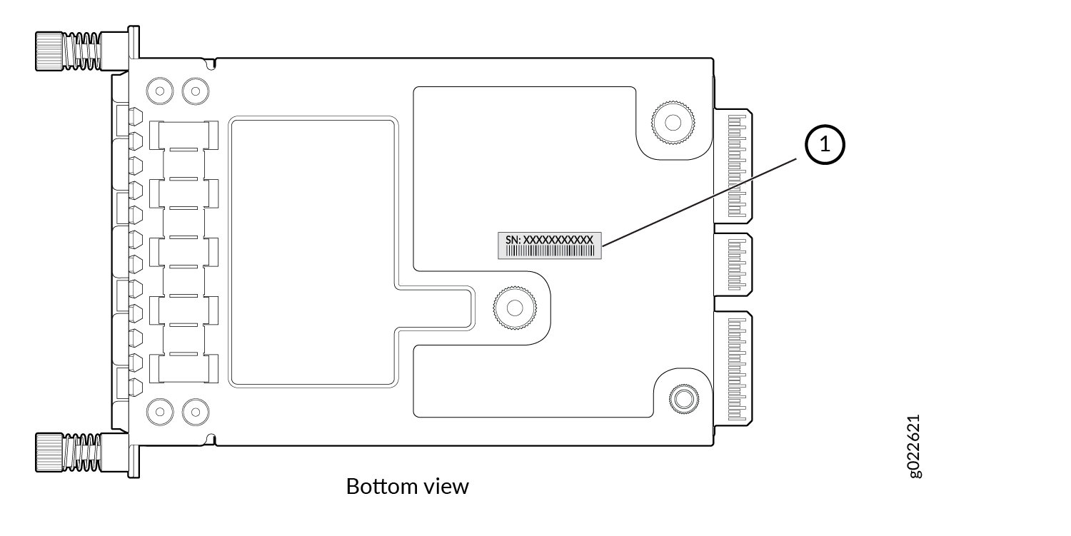 Bottom view of an electronic component with connectors, mounting holes, and a serial number label for identification.