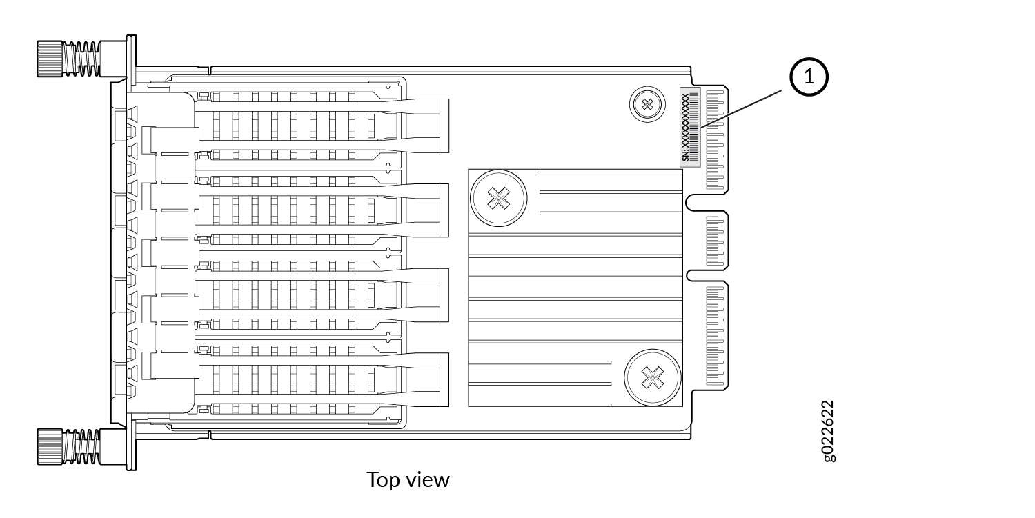 Technical drawing of a PCIe card showing connectors, slots, screws, and serial number location labeled as part 1.