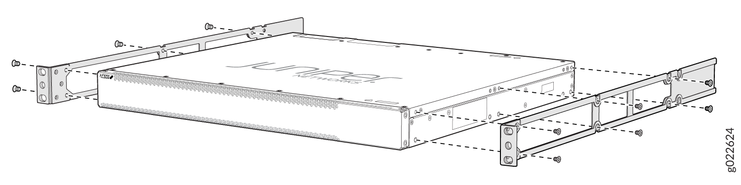 Rack-mounting setup for a Juniper Networks device showing alignment and placement of screws and brackets.