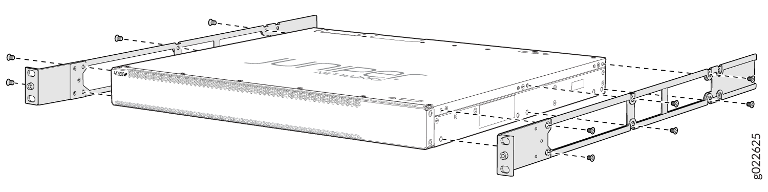Diagram of Juniper Networks device installation in rack with mounting brackets and screw placement instructions.