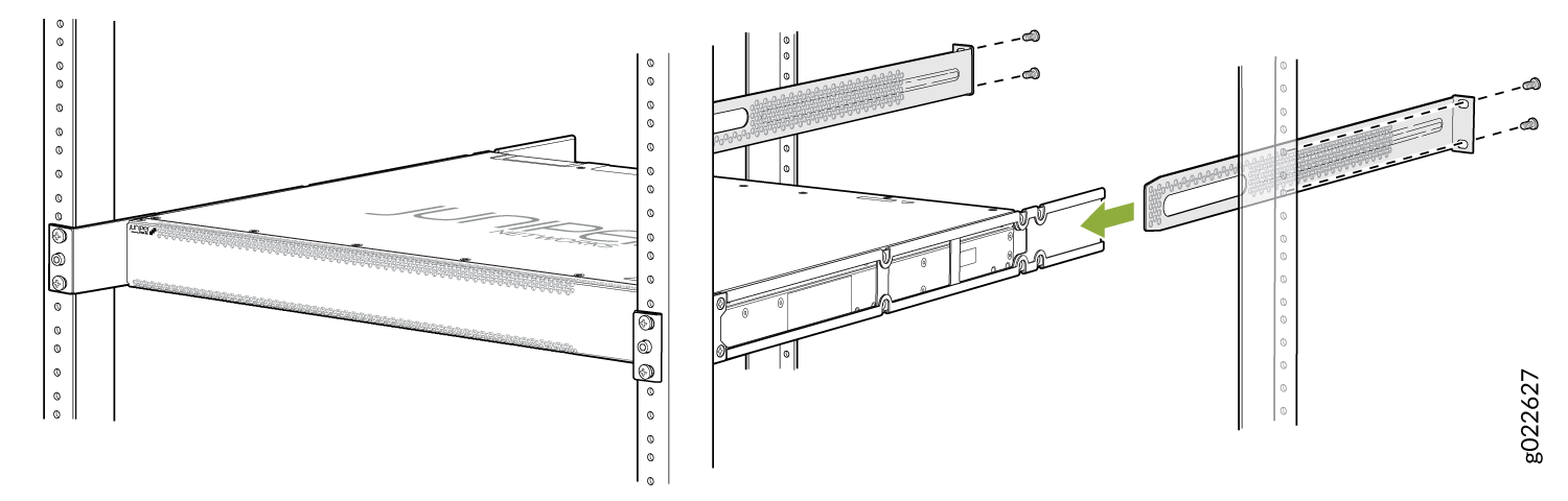 Rack-mounted device installation with mounting brackets and screws in a standard equipment rack; green arrow shows insertion direction.