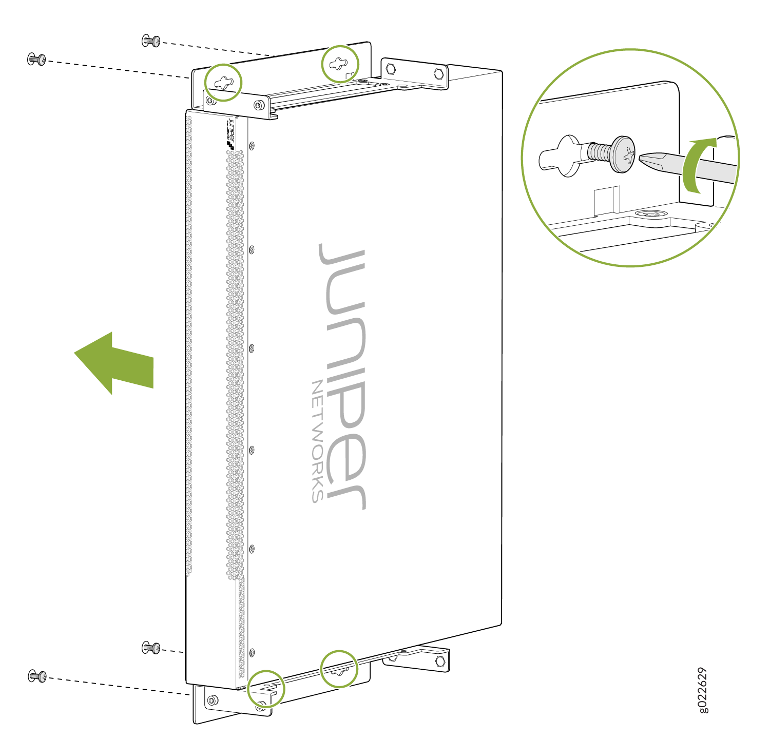 Installing Juniper Networks hardware with brackets. Tightening screw close-up. Green arrow shows sliding direction with highlighted screw holes.