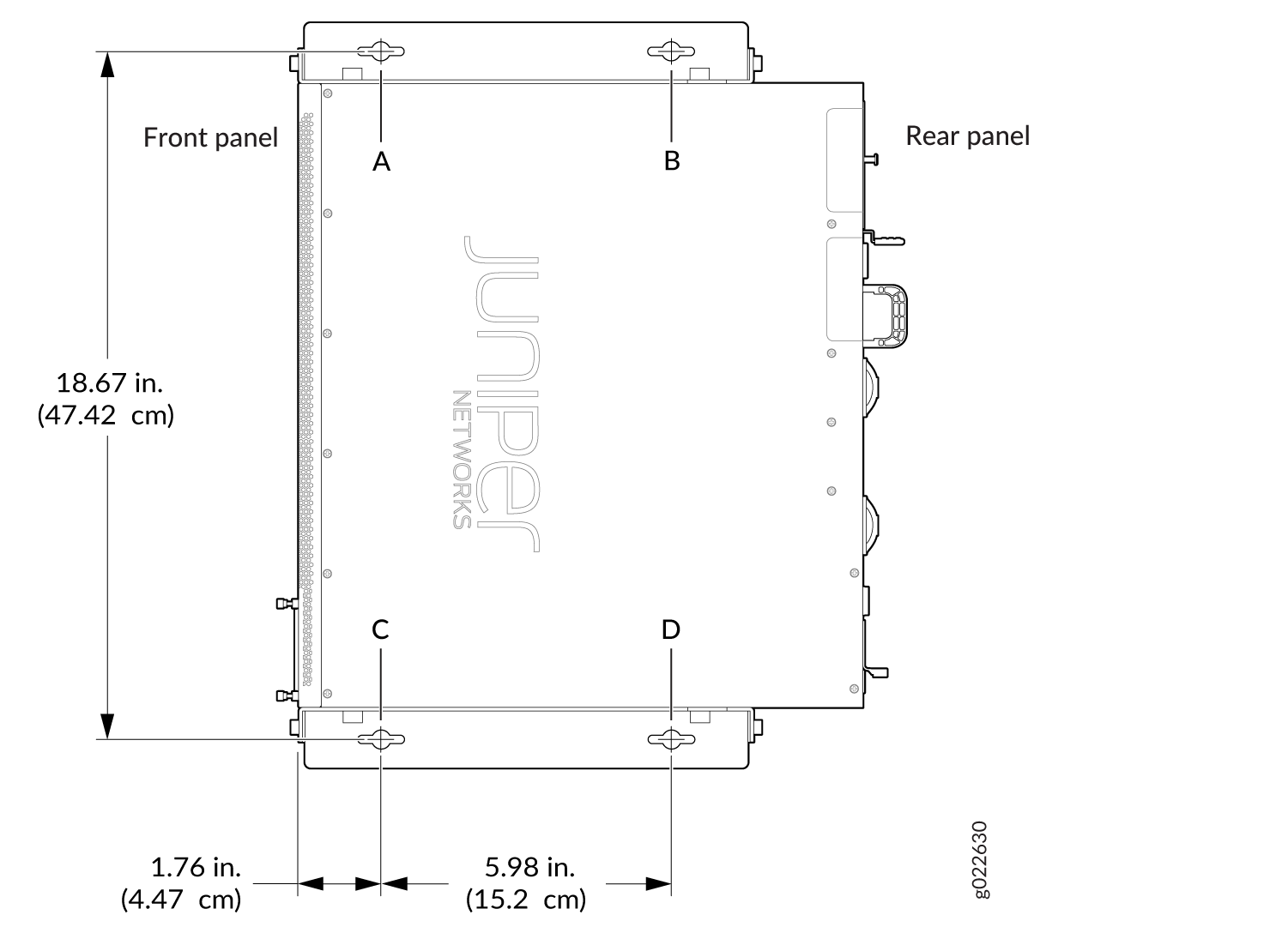 Top view diagram of a Juniper Networks device with labeled sections A, B, C, D. Dimensions: 18.67 inches height, 1.76 inches width, 5.98 inches depth.