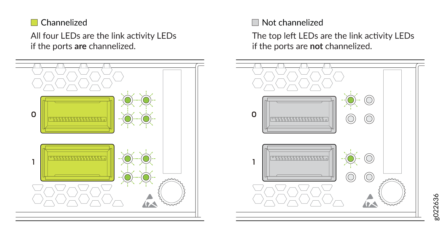 LED behavior for network device link activity: Channelized ports show all four LEDs active and green; non-channelized ports show only top-left LED active and gray.