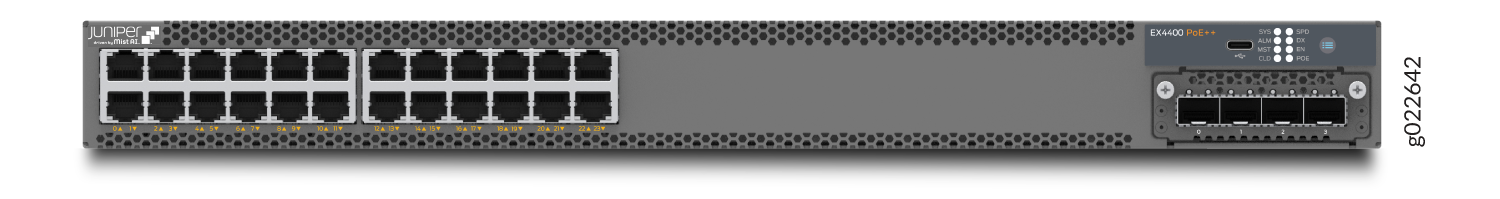 Juniper Networks EX4400 Ethernet Switch with 24 Ethernet ports, 4 uplink slots, PoE++ support, and LED status indicators.