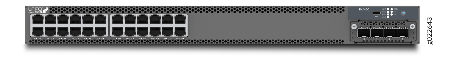 Juniper EX4400 Ethernet Switch with RJ-45 and SFP ports, model name and logo visible, LED status indicators present.