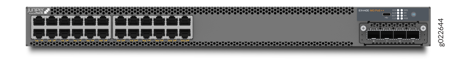 Juniper Networks EX4400 Multigigabit PoE++ Switch with RJ-45 and SFP+ ports, PoE support, and status LEDs.