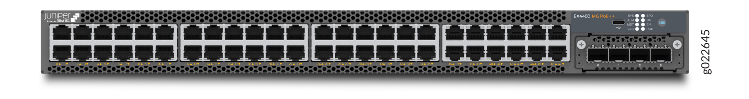 Juniper Networks EX4400 Ethernet Switch with PoE++ capabilities, featuring RJ-45, SFP/SFP+ ports, and status indicators.