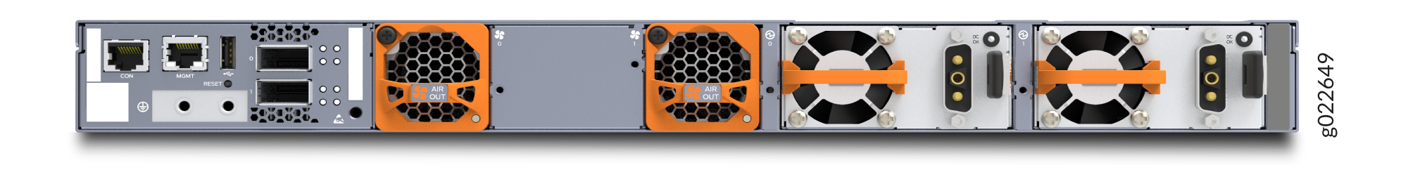 Rear view of a network device showing ports like CON and MGMT, USB, reset button, grounding point, cooling fans, and power supply units.