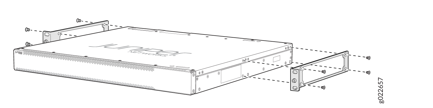 Diagram showing installation of a Juniper Networks rack-mounted device with brackets and screws, indicating screw placement.