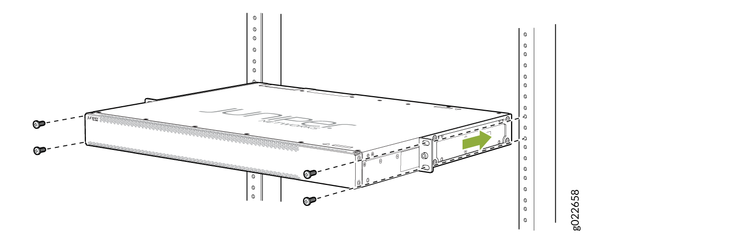Juniper Networks device installation into rack with screws and insertion direction arrow.