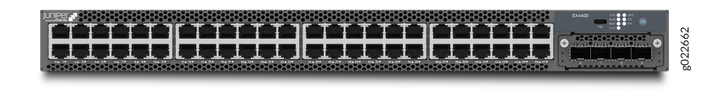 Juniper Networks EX4400 Ethernet Switch with 48 RJ-45 ports, 4 SFP+ ports, and status LEDs for enterprise networks.