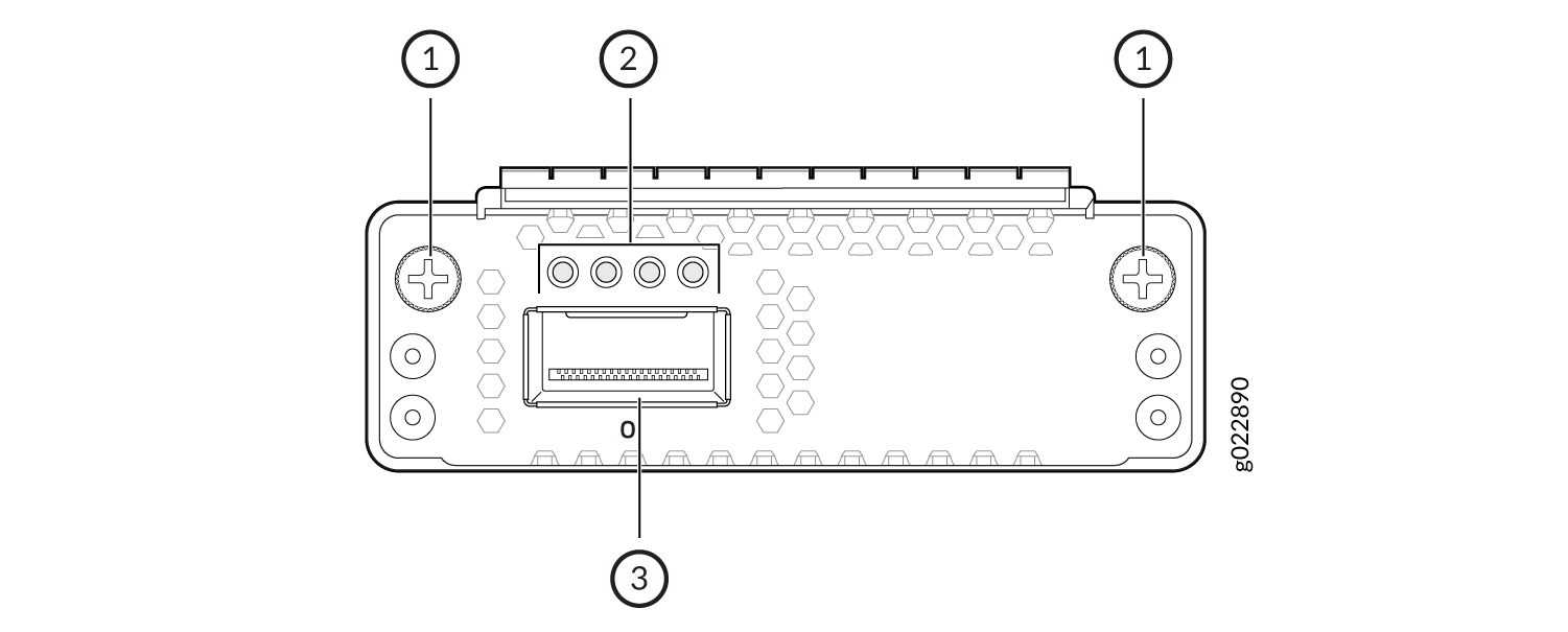 Technical diagram of an electronic component with labeled screw holes, connector ports, and pin connector.