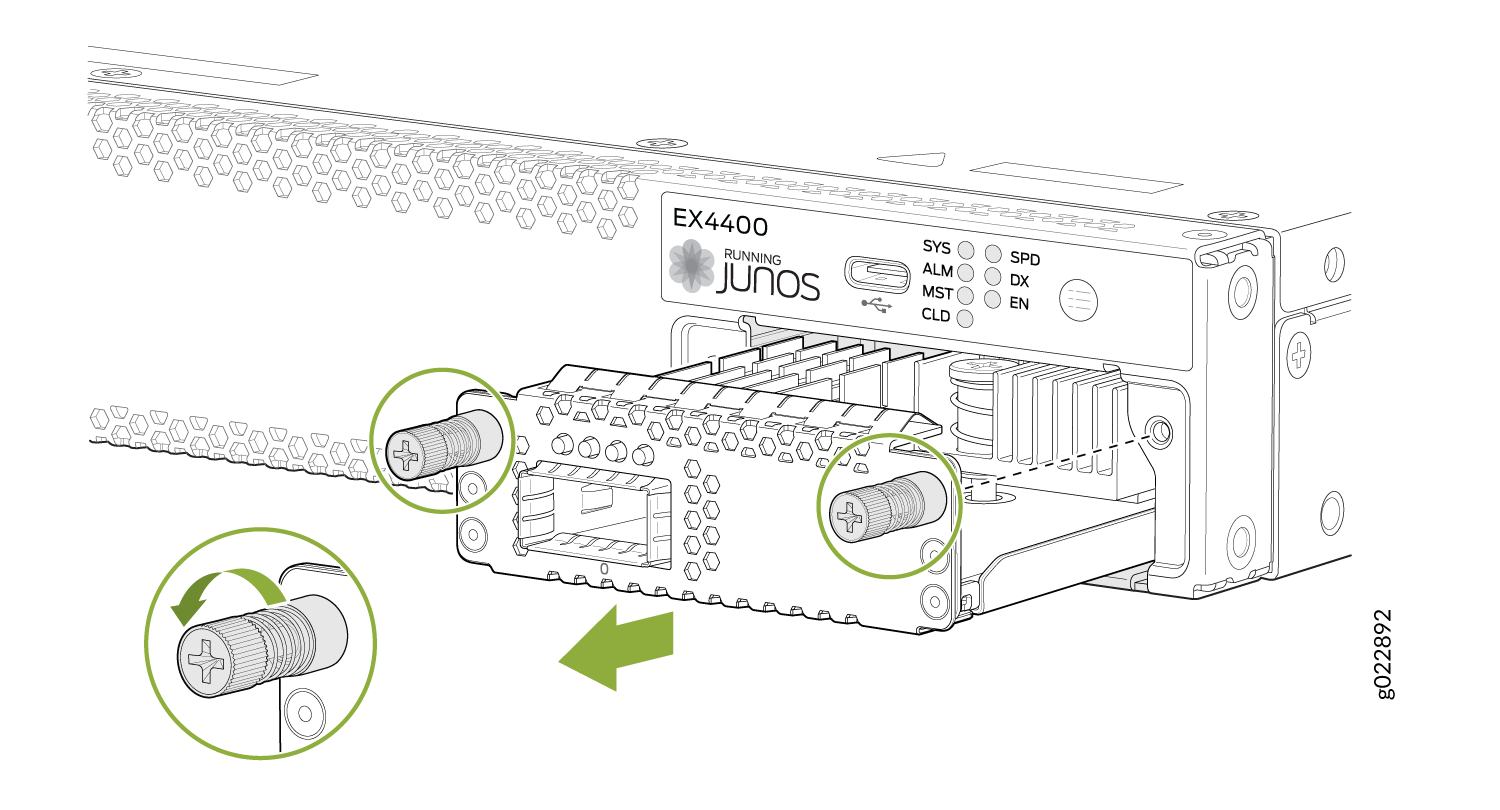 Installing or removing a module from a Juniper Networks EX4400 switch, showing screws to tighten or loosen.