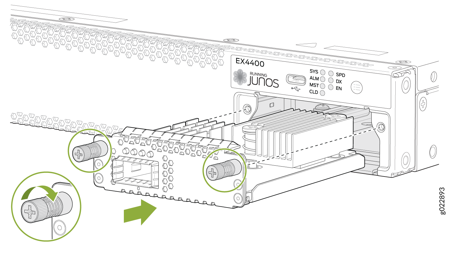 Module installation or removal in Juniper EX4400 switch with green arrows indicating screw positions and rotation direction.