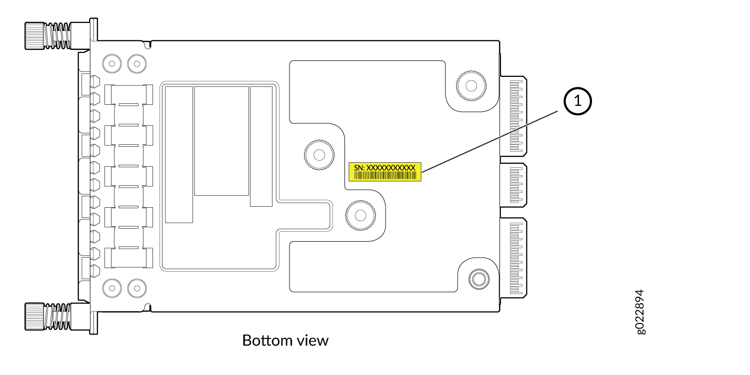 Technical diagram showing bottom view of electronic component with connectors on right; area labeled SN indicates serial number location.