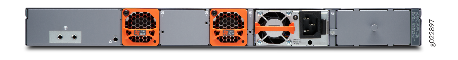Rear view of network hardware with orange cooling fans labeled AIR OUT, a power input port, and blanking plates for unused slots.