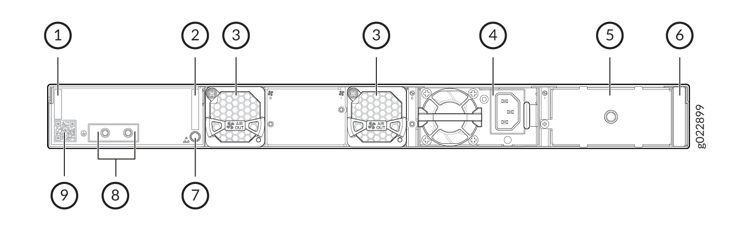 Technical diagram of rear view of rack-mounted server showing components: status indicator, cooling air vents, power input, blank panels, mounting points, grounding bracket, and QR code for documentation.
