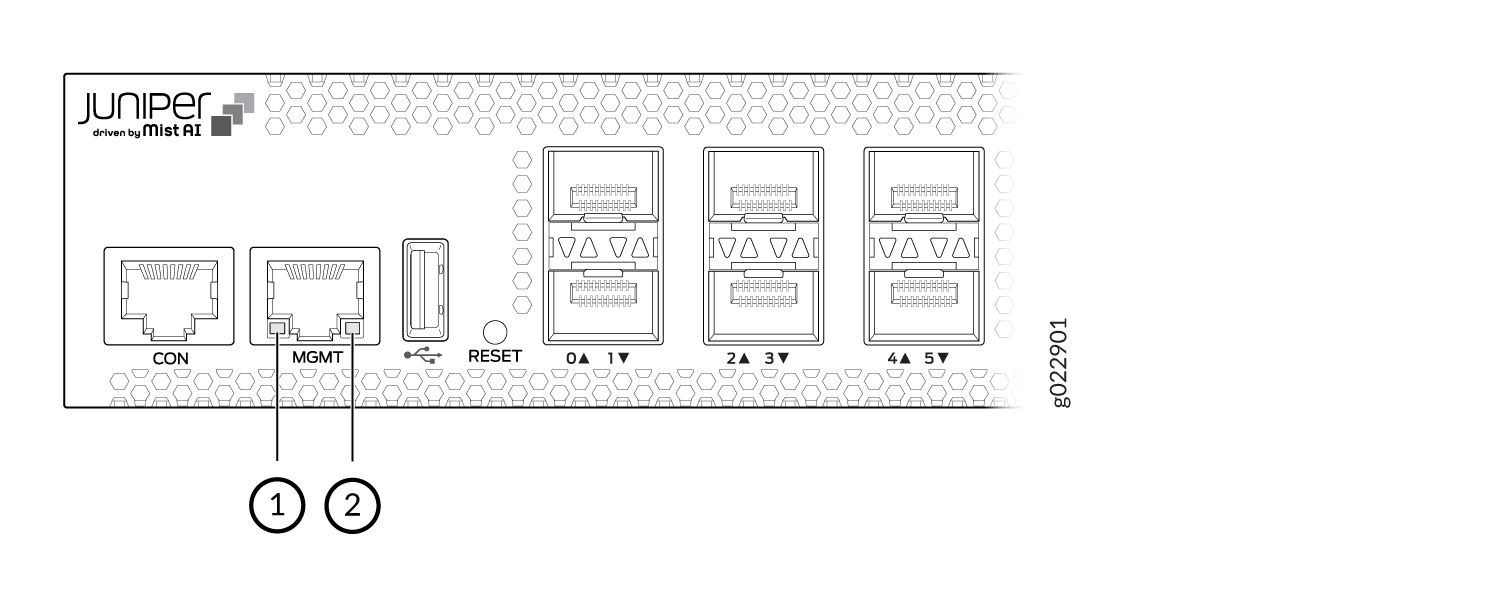Juniper Networks front panel with console, management, and network ports, driven by Mist AI branding.