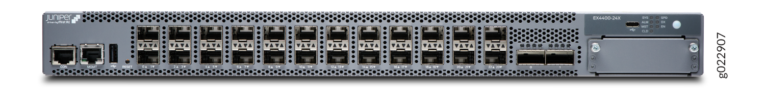 Juniper Networks EX4400-24X Ethernet Switch with SFP/SFP+ and RJ-45 ports, reset button, status LEDs, and modular slot.