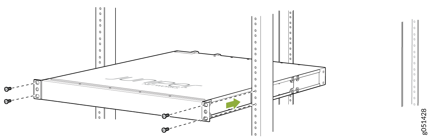 Installing a Juniper Networks device into a rack with screws and a green arrow showing alignment.