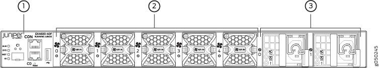 Diagram of Juniper Networks EX4400-48MP network switch front panel with management panel, network ports, and power supply units.