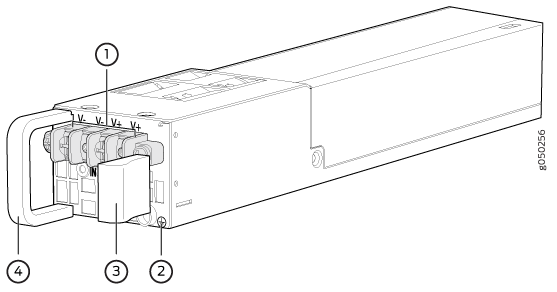 Diagram of a hot-swap power supply module, showing release latch, status LED, power connector with V- and V+ for voltage, and handle.