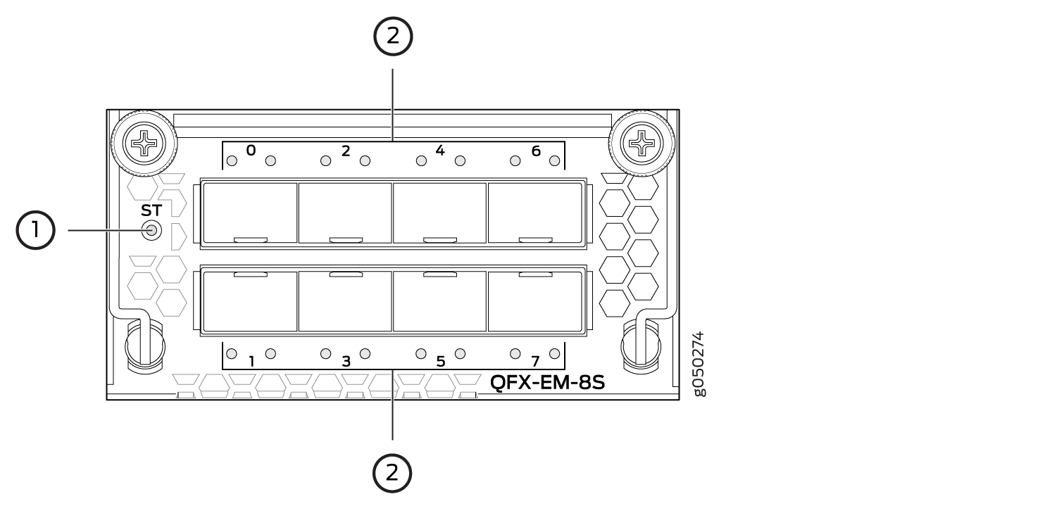 QFX-EM-8S module with 8 ports for SFP transceivers, features label ST for status monitoring.