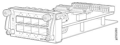 Technical drawing of a network interface card with multiple fiber optic or Ethernet ports and connectors for server integration.