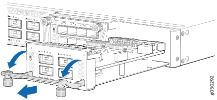 Modular network interface card being inserted or removed from a server chassis, indicated by blue arrows.