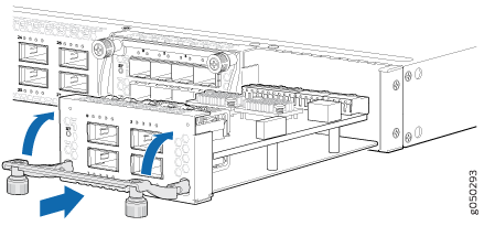 Removing or installing a module in a rack-mounted server with blue arrows showing latch directions.