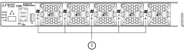 Juniper Networks EX4600 Ethernet Switch front panel with cooling fans, console and management ports, status LEDs, and airflow direction arrows.
