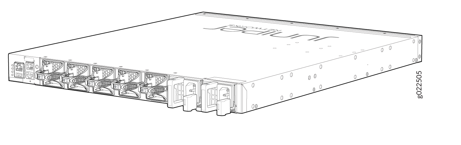 Juniper Networks network switch line drawing with front panel showing multiple ports and slots for connections.