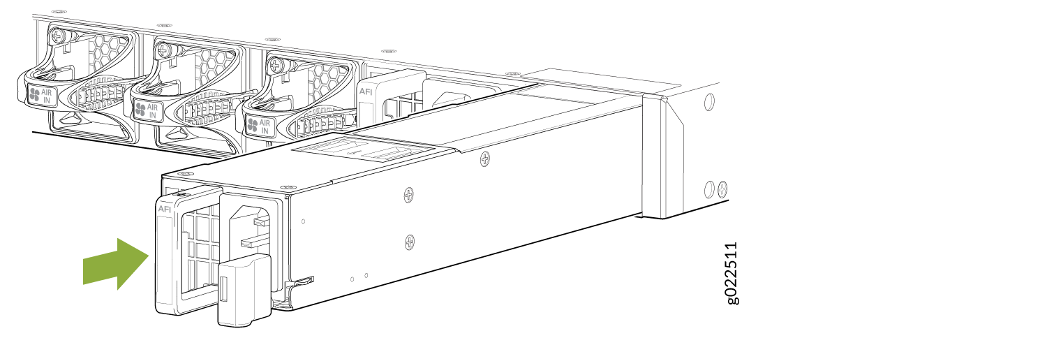Power supply unit with handle being inserted or removed next to labeled cooling fans. Green arrow shows direction.