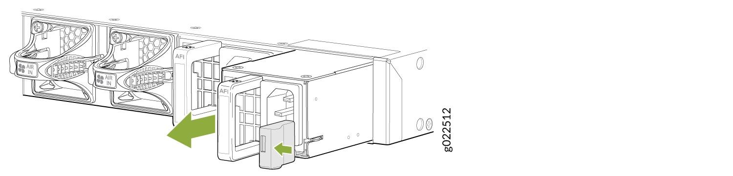 Removing a modular component from server chassis with green arrows showing direction; cooling fans labeled AIR IN.