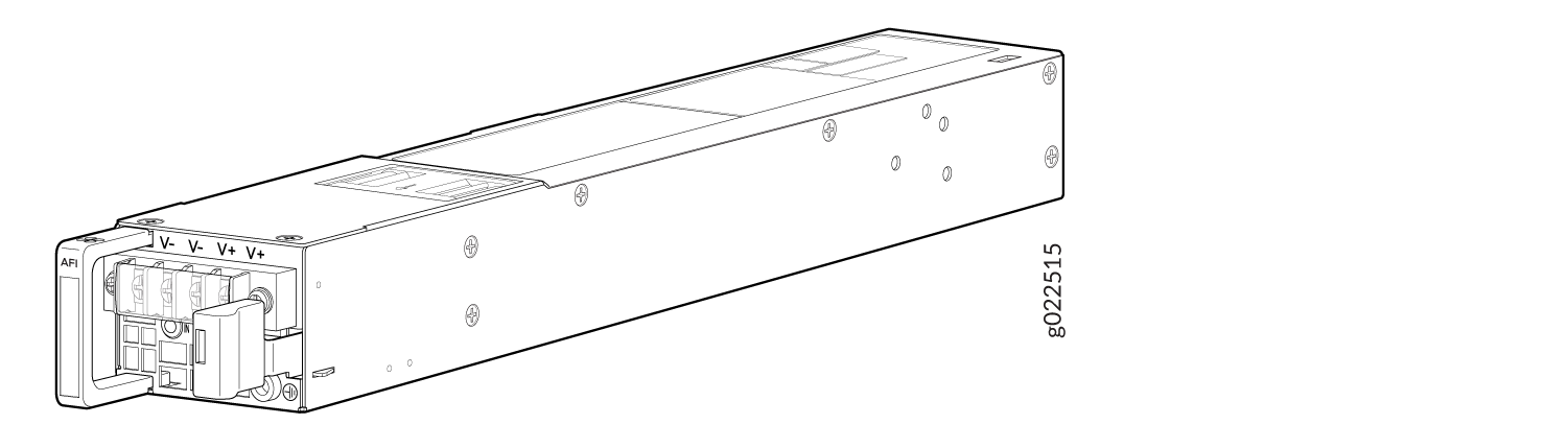 24V DC power supply module with terminal connections labeled V- and V+ for industrial use.