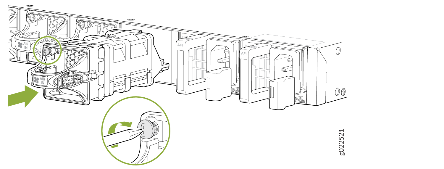Modular component system with one module highlighted for removal. Green arrow and circular detail suggest tool use for unlocking. Labels AIR IN and AFI indicate functions.