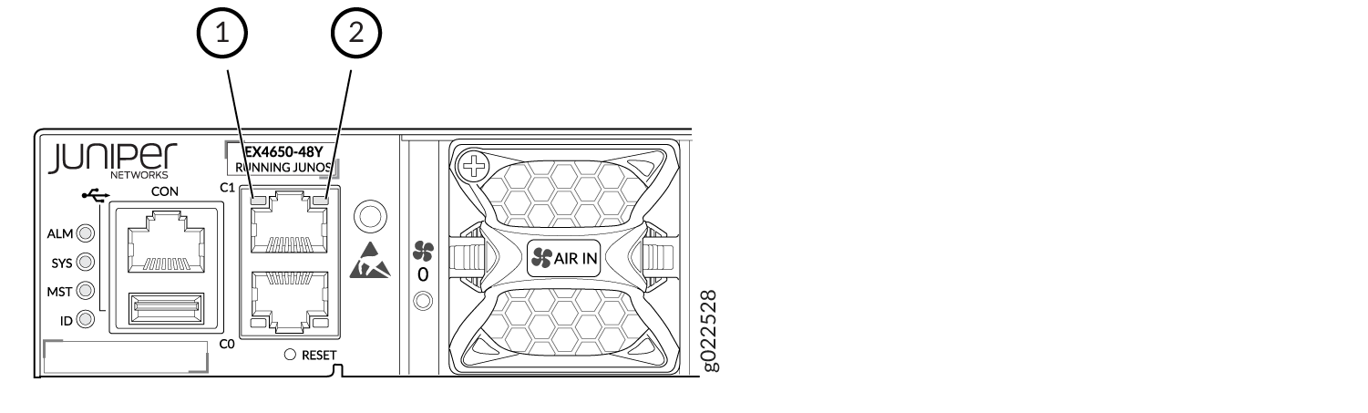 Front panel of Juniper Networks EX4650-48Y switch showing CON port for configuration, C1 and C0 management ports, status LEDs, reset button, and AIR IN vent.