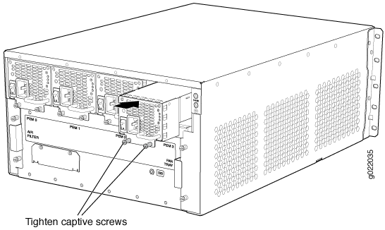 Rack-mounted server with PEM modules and air filter area. Instructions to tighten captive screws for securing modules. Ventilated side panels.